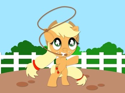 Size: 944x704 | Tagged: safe, artist:nekosnicker, applejack, earth pony, pony, g4, bipedal, cowboy hat, cutie mark, female, fence, hat, hooves, lasso, lineless, mare, mouth hold, rearing, solo