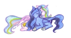 Size: 2255x1210 | Tagged: safe, artist:hippykat13, artist:sabokat, princess celestia, princess luna, g4, crying, eyes closed, pinklestia, prone, simple background, sisters, traditional art, younger