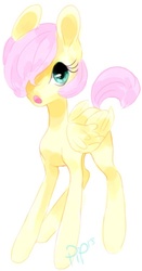 Size: 394x750 | Tagged: dead source, safe, artist:piptart, fluttershy, pony, g4, alternate hairstyle, female, filly, folded wings, hair over one eye, open mouth, short hair, short mane, simple background, solo, white background, younger