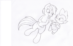 Size: 1202x754 | Tagged: safe, artist:joey darkmeat, rainbow dash, spike, dragon, pony, g4, duo, monochrome, traditional art