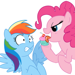 Size: 1000x1000 | Tagged: safe, artist:madmax, pinkie pie, rainbow dash, g4, bedroom eyes, blushing, cupcake, licking, rainbow and cupcakes, shocked, smiling, smirk