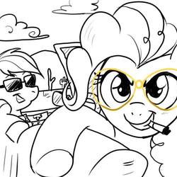 Size: 500x500 | Tagged: safe, artist:madmax, pinkie pie, rainbow dash, earth pony, pegasus, pony, g4, car, cigarette, clothes, convertible, duo, fear and loathing in las vegas, grin, parody, partial color, shirt, smiling, sunglasses