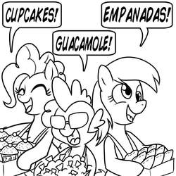 Size: 1000x1000 | Tagged: safe, artist:madmax, derpy hooves, pinkie pie, spike, pegasus, pony, g4, avocado, cupcake, empanada, female, guacamole, mare, monochrome, nachos