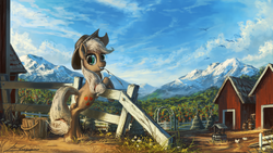 Size: 1920x1080 | Tagged: safe, artist:huussii, applejack, earth pony, pony, g4, applebutt, barn, bipedal leaning, bucket, butt, cottagecore, farm, female, fence, grin, hat, hay, leaning, looking at you, looking back, mare, mountain, plot, scenery, scenery porn, smiling, solo, sweet apple acres, wallpaper, well, widescreen