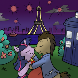 Size: 1000x1000 | Tagged: safe, artist:madmax, artist:pacce, doctor whooves, time turner, twilight sparkle, earth pony, pony, g4, bipedal, clothes, colored, dancing, doctor who, doctor whooves adventures, doctwi, female, male, night, paris, shipping, straight, tardis, the doctor