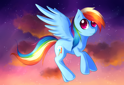 Size: 2500x1710 | Tagged: safe, artist:agletka, rainbow dash, pegasus, pony, g4, cloud, cloudy, female, flying, solo, stars