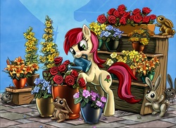 Size: 1600x1161 | Tagged: safe, artist:harwick, roseluck, earth pony, pony, rabbit, g4, bipedal, bipedal leaning, female, flower, flower petals, flower pot, leaning, mare, mouth hold, rose, solo, watering can, working