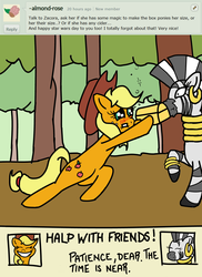 Size: 2500x3429 | Tagged: safe, artist:doggonepony, applejack, zecora, zebra, g4, comic, drunk aj 365