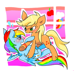 Size: 615x589 | Tagged: safe, artist:kyubi, applejack, rainbow dash, g4, female, lesbian, pixiv, ship:appledash, shipping