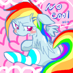 Size: 500x500 | Tagged: safe, artist:kyubi, rainbow dash, g4, blushing, clothes, colored pupils, dialogue, engrish, female, hairclip, heart, pink background, pixiv, simple background, sitting, socks, solo, speech bubble, strategically covered, striped socks, tail censor