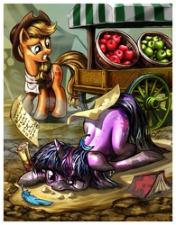 Size: 1250x1603 | Tagged: safe, artist:harwick, applejack, rainbow dash, twilight sparkle, g4, apple, apple cart, basket, book, cart, crash, dirty, face down ass up, feather, hit and run, list, messy, mud, scroll, twilight sparkle is not amused, unamused, working