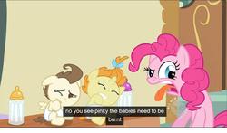 Size: 1360x800 | Tagged: safe, edit, edited screencap, screencap, pinkie pie, pound cake, pumpkin cake, earth pony, pegasus, pony, unicorn, g4, caption, female, mare, meme, tongue out, youtube caption