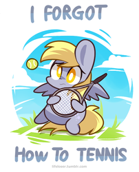 Size: 500x620 | Tagged: safe, artist:php56, derpy hooves, pegasus, pony, g4, chibi, female, mare, solo, tennis, tennis ball, tennis racket