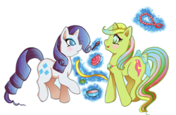 Size: 800x521 | Tagged: safe, artist:butterscotch25, mimic (g1), rarity, pony, unicorn, g1, g4, bow, duo, duo female, female, g1 to g4, generation leap, horn, magic, makeover, mare, simple background, tail bow, transparent background