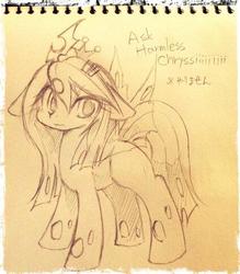 Size: 424x483 | Tagged: safe, artist:kolshica, queen chrysalis, changeling, changeling queen, pony, g4, female, mare, monochrome, solo, traditional art