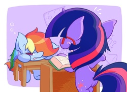 Size: 850x614 | Tagged: safe, artist:nyankamedon, rainbow dash, twilight sparkle, pony, g4, bipedal, blushing, book, bored, drool, glasses, hilarious in hindsight, lecture, pixiv, sleepy