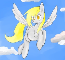 Size: 902x833 | Tagged: safe, artist:woking, derpy hooves, pegasus, pony, g4, female, flying, mare, pixiv, pregnant, sky, solo