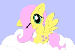 Size: 944x704 | Tagged: safe, artist:nekosnicker, fluttershy, pegasus, pony, g4, chest fluff, cloud, colored, cutie mark, female, flat colors, hair over one eye, hooves, lineless, looking at you, mare, on a cloud, one eye closed, sitting, smiling, solo, spread wings, wings, wink, winking at you