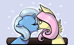 Size: 500x301 | Tagged: safe, artist:ferrettea, fluttershy, trixie, g4, broken horn, female, heart, horn, kissing, lesbian, shipping, trixieshy