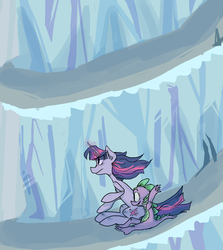 Size: 1279x1432 | Tagged: safe, artist:twistydoo, spike, twilight sparkle, dragon, pony, unicorn, g4, the crystal empire, duo, female, gravity, king sombra's stair dimension, male, mare, scene interpretation, slide, sliding, stairs, unicorn twilight