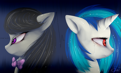 Size: 1024x614 | Tagged: safe, artist:iemeiisaur, dj pon-3, octavia melody, vinyl scratch, g4, duo