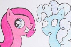 Size: 800x533 | Tagged: safe, artist:bluewolf-2020, pinkie pie, trixie, g4, alternate hairstyle, earth pony trixie, looking up, mane swap, newbie artist training grounds