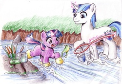 Size: 1740x1200 | Tagged: safe, artist:muffinshire, shining armor, twilight sparkle, frog, g4, book, filly, filly twilight sparkle, fishing net, galoshes, magnifying glass, net, river, stream, traditional art, water, younger