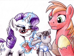 Size: 1600x1200 | Tagged: safe, artist:muffinshire, big macintosh, rarity, smarty pants, earth pony, pony, g4, crying, glasses, magic, male, sewing, stallion, traditional art, working