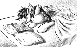Size: 1953x1200 | Tagged: safe, artist:furor1, rainbow dash, twilight sparkle, g4, bed, blanket, book, eyes closed, female, lesbian, monochrome, open mouth, pillow, prone, reading, ship:twidash, shipping, smiling