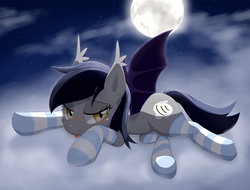 Size: 1223x931 | Tagged: safe, artist:aymint, oc, oc only, oc:echo, bat pony, pony, bedroom eyes, blushing, clothes, cloud, cloudy, ear fluff, female, lying down, mare, moon, prone, socks, solo, striped socks, tongue out