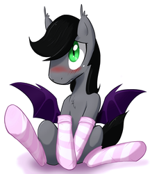 Size: 856x989 | Tagged: safe, artist:aymint, oc, oc only, oc:aux, bat pony, pony, blushing, chest fluff, clothes, fangs, male, pixiv, socks, solo, stallion, striped socks, underhoof