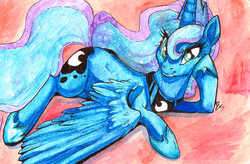 Size: 2972x1945 | Tagged: safe, artist:buttercupsaiyan, princess luna, g4, female, looking at you, lying down, solo, traditional art