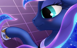 Size: 1280x800 | Tagged: dead source, safe, artist:arareroll, princess luna, oc, oc:copper sprocket, earth pony, pony, g4, bedroom eyes, blushing, hoof fetish, hoofplay, hooves, insole, macro, micro, smiling, smothering, trapped in shoe
