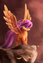 Size: 1500x2200 | Tagged: safe, artist:ajvl, scootaloo, g4, alternate hairstyle, epic, female, frown, large wings, solo, spread wings