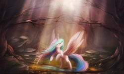 Size: 1980x1188 | Tagged: safe, artist:ajvl, princess celestia, alicorn, pony, g4, boulder, crepuscular rays, dead tree, dust, female, forest, looking up, missing accessory, rearing, scenery, solo, spread wings, tree