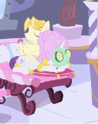 Size: 280x353 | Tagged: safe, screencap, masseuse pony, rarity, earth pony, pony, unicorn, green isn't your color, animated, bathrobe, clothes, cropped, cucumber, duo, eyes closed, female, loop, male, mare, massage, mud mask, pillow, quake, robe, smiling, spa, stallion, towel, towel on head, vibrating