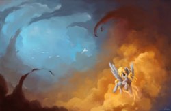Size: 2600x1700 | Tagged: safe, artist:ajvl, derpy hooves, bird, pegasus, pony, g4, cloud, cloudy, female, flying, high res, mare, scenery, sky, solo