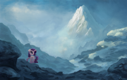 Size: 1000x629 | Tagged: safe, artist:ajvl, rarity, g4, female, mountain, scenery, snow, solo
