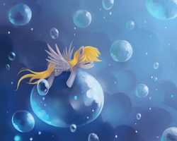 Size: 2000x1600 | Tagged: safe, artist:ajvl, derpy hooves, pegasus, pony, g4, bubble, eyes closed, female, mare, micro, solo, spread wings, surreal, wings