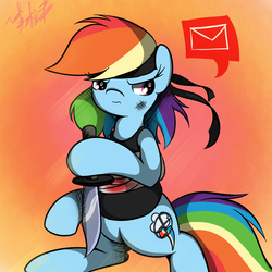 Size: 1000x1000 | Tagged: safe, artist:lightningnickel, rainbow dash, g4, bandage, crossover, female, headband, hoof hold, knife, rambo, rambo dash, solo