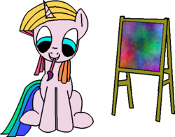 Size: 507x399 | Tagged: safe, artist:youwillneverkno, toola-roola, earth pony, pony, g3, g4, easel, female, g3 to g4, generation leap, mare, mouth hold, paintbrush, painting, sitting, solo