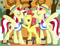 Size: 5096x3920 | Tagged: safe, flam, flim, oc, g4, blushing, cider, drunk, flim flam brothers, singing, sweet apple acres