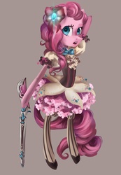 Size: 2044x2946 | Tagged: safe, artist:my-magic-dream, pinkie pie, earth pony, anthro, g4, bipedal, bow, clothes, dress, female, gun, magical girl, musket, open mouth, solo, stockings, thigh highs, weapon