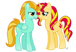 Size: 941x638 | Tagged: safe, artist:mustachioedraws, lightning dust, sunset shimmer, pegasus, pony, unicorn, g4, female, lesbian, lightningshimmer, mare, shipping, simple background, transparent background