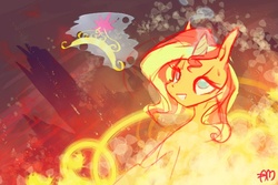 Size: 648x432 | Tagged: dead source, safe, artist:yuji8sushi, sunset shimmer, pony, unicorn, g4, big crown thingy, element of magic, female, fiery shimmer, fire, solo