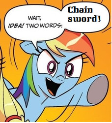 Size: 336x369 | Tagged: safe, idw, rainbow dash, g4, chain sword, exploitable meme, meme, pacific rim, two words meme, warhammer (game), warhammer 40k