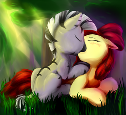 Size: 1200x1100 | Tagged: safe, anonymous artist, apple bloom, zecora, earth pony, pony, zebra, g4, age regression, female, interspecies, kiss on the lips, kissing, lesbian, shipping, younger, zecobloom
