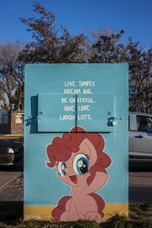 Size: 1080x1620 | Tagged: safe, artist:shinodage, pinkie pie, earth pony, pony, g4, cute, diapinkes, female, filly, foal, graffiti, irl, photo, positive ponies, solo, street art, text