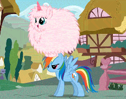 Size: 500x392 | Tagged: safe, artist:mixermike622, rainbow dash, oc, oc:fluffle puff, pegasus, pony, pink fluffy unicorns dancing on rainbows, g4, animated, duo, duo female, fake horn, female, mare, open mouth, open smile, rainbow dash is not amused, smiling, unamused