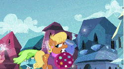 Size: 701x390 | Tagged: safe, screencap, chickadee, ms. harshwhinny, ms. peachbottom, g4, games ponies play, season 3, animated, crystal empire, female, male, run cycle, running, splash, suitcase